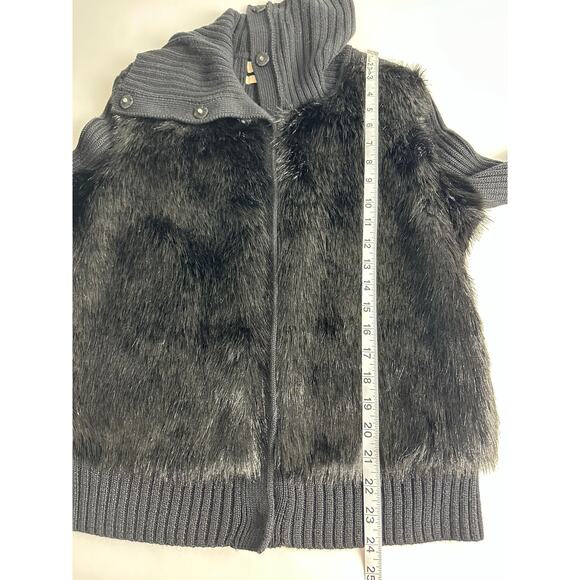 Banana Republic Size Large Black Wool Faux Fur Cardigan Sweater Winter Collared - Picture 8 of 11